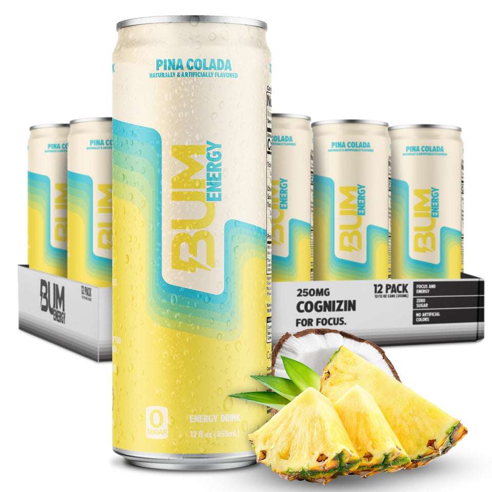 Bum Energy Pina Colada can front view showing refreshing energy and focus.