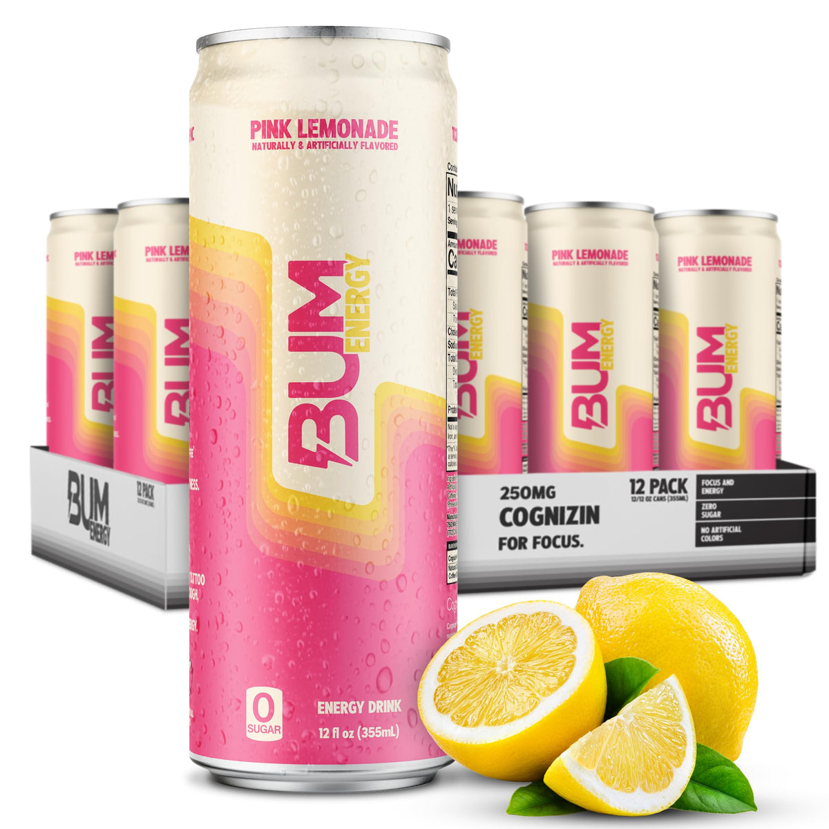 Bum Energy Pink Lemonade can front view, ready for all-day energy on the go.