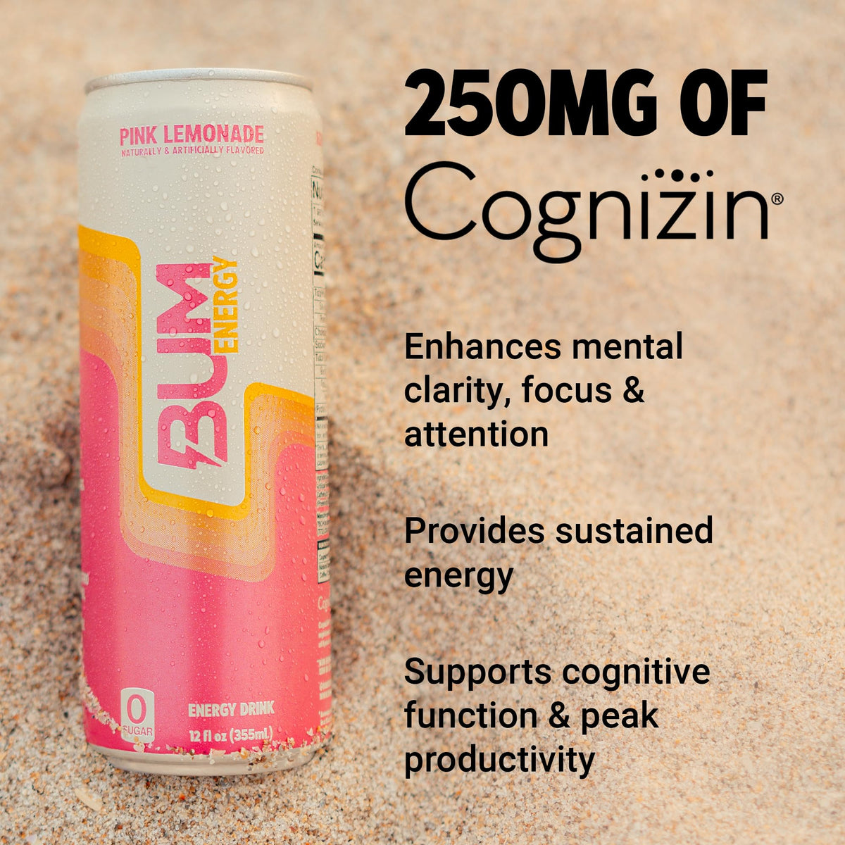 Bum Energy Pink Lemonade pour into glass, refreshing boost during study or workouts.