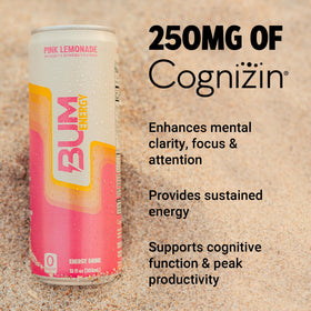 Bum Energy Pink Lemonade pour into glass, refreshing boost during study or workouts.