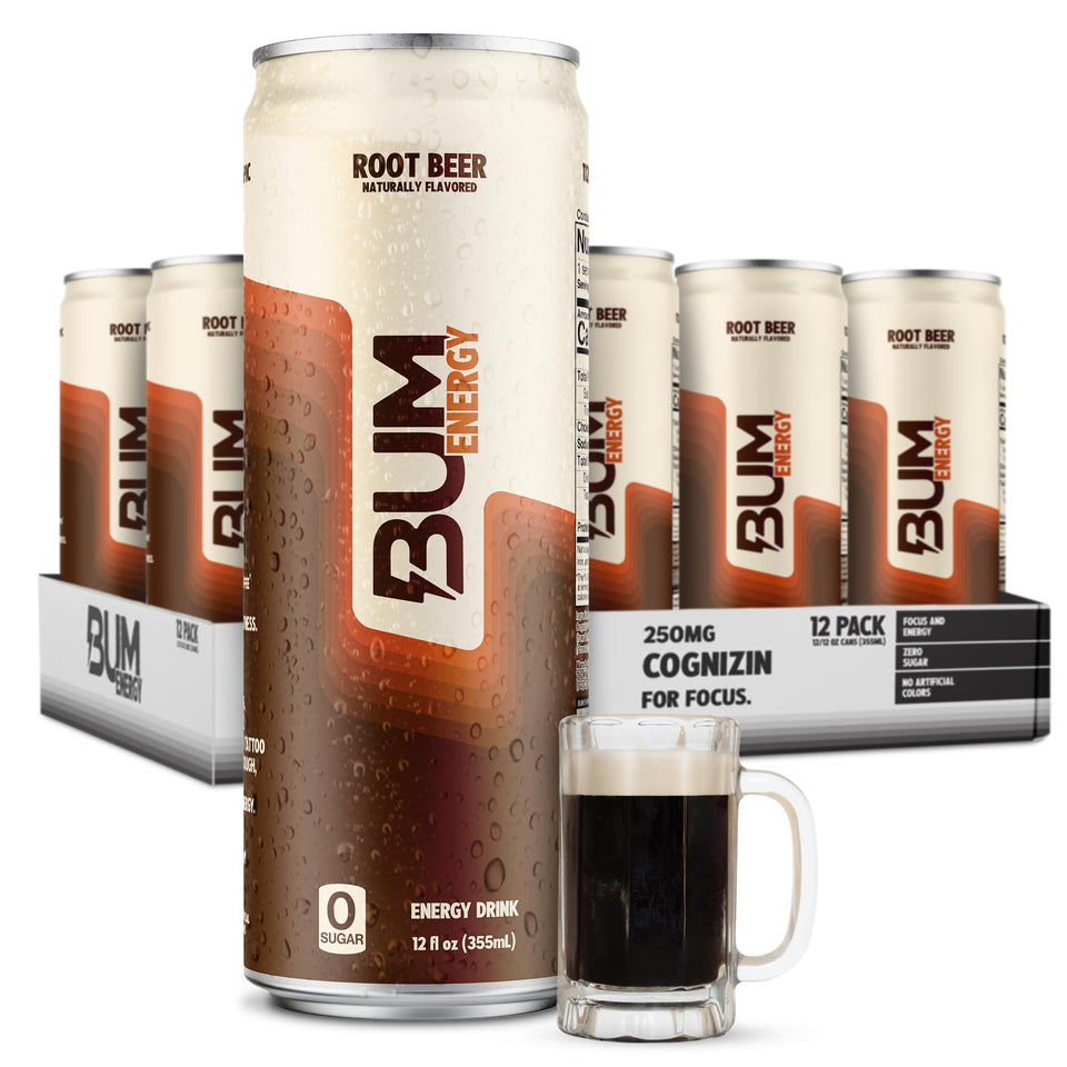 Bum Energy Root Beer can close-up highlighting sleek design for on-the-go focus.