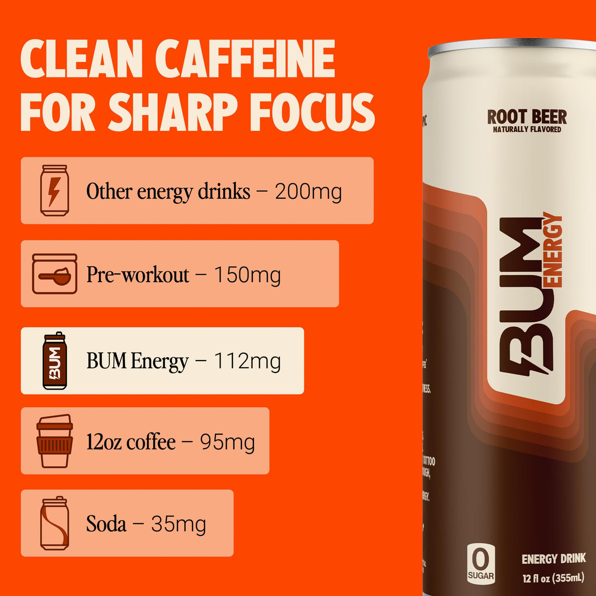 Bum Energy Root Beer label ingredients highlight zero sugar and no artificial colors.