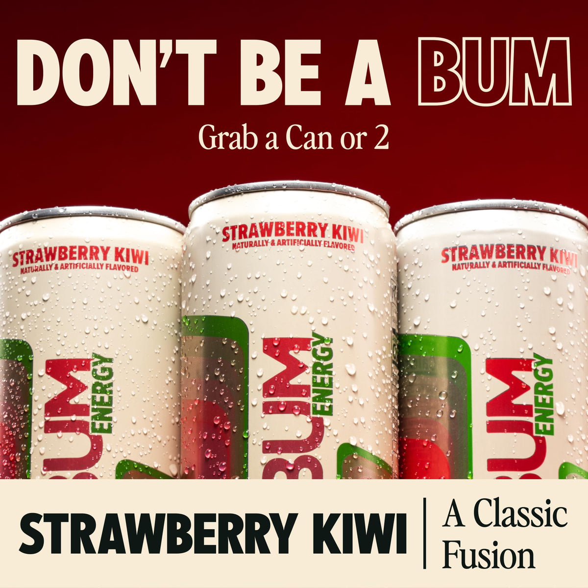 Bum Energy strawberry kiwi can side view for on-the-go energy