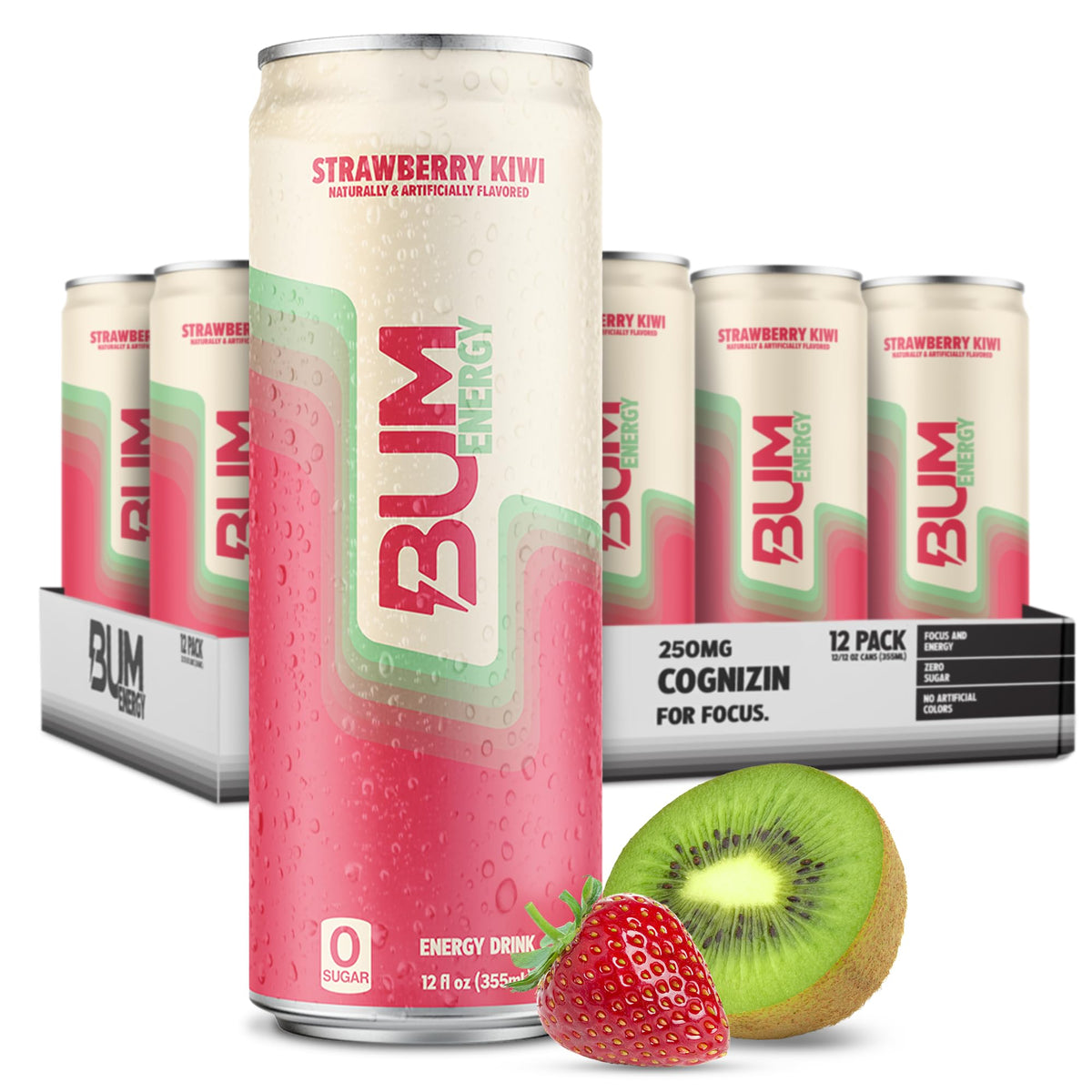 Bum Energy strawberry kiwi can showing zero-sugar clean energy and crisp flavor