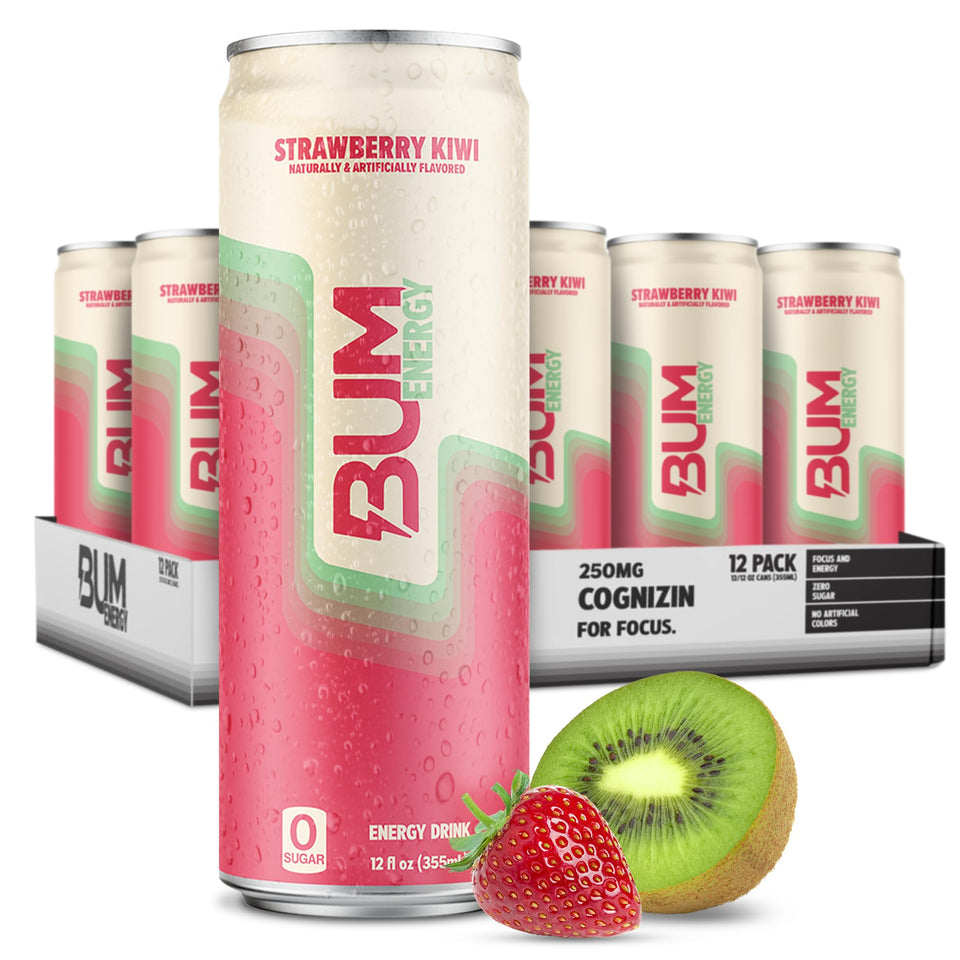 Bum Energy strawberry kiwi can showing zero-sugar clean energy and crisp flavor