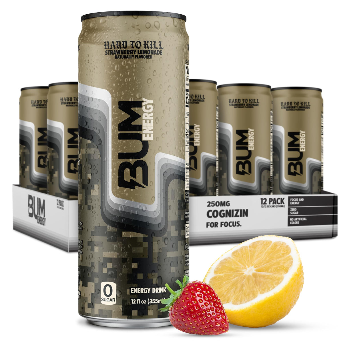 Bum Energy strawberry lemonade can front view showing refreshing energy for workouts