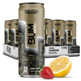 Bum Energy strawberry lemonade can front view showing refreshing energy for workouts