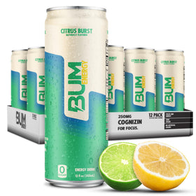 Bum Energy citrus burst can sugar-free, supports focused energy during workouts.