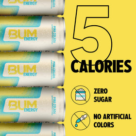 Bum Energy sugar-free label close-up highlighting clean ingredients.