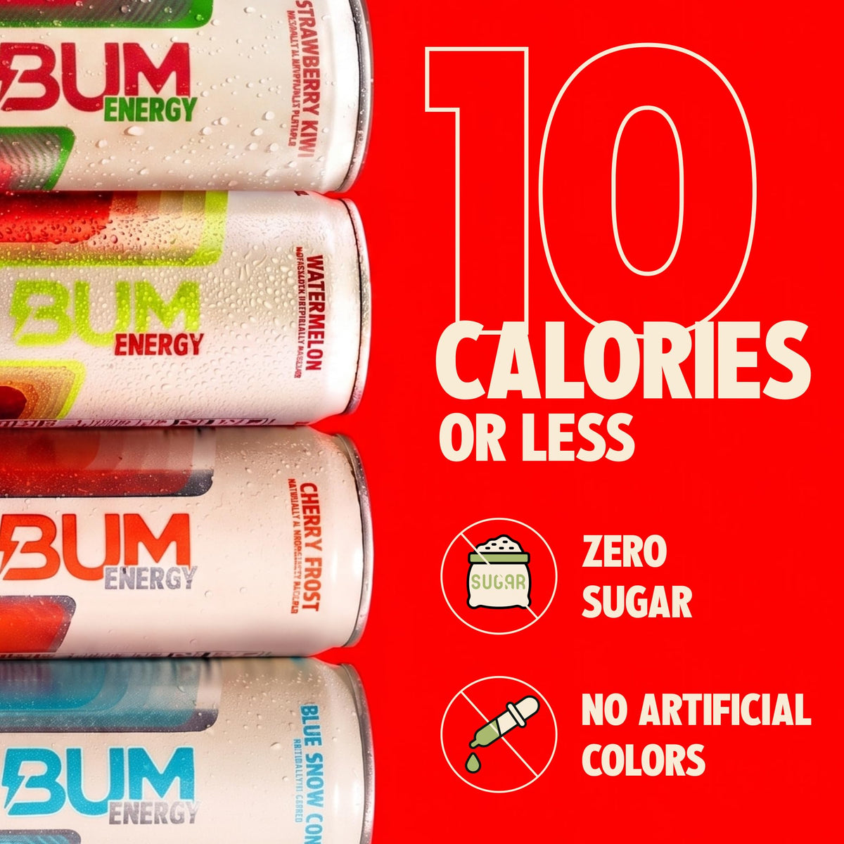 Bum Energy variety pack front view showing four zero-sugar flavors.
