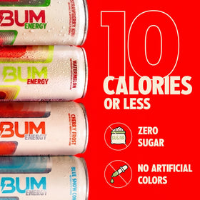 Bum Energy variety pack front view showing four zero-sugar flavors.