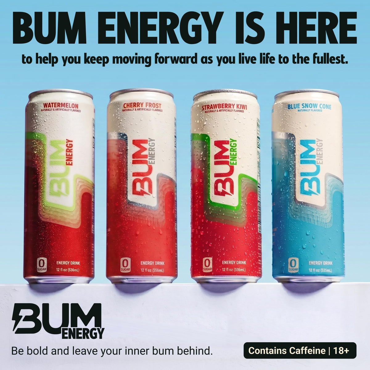 Bum Energy zero-sugar label close-up for a clean energy choice.