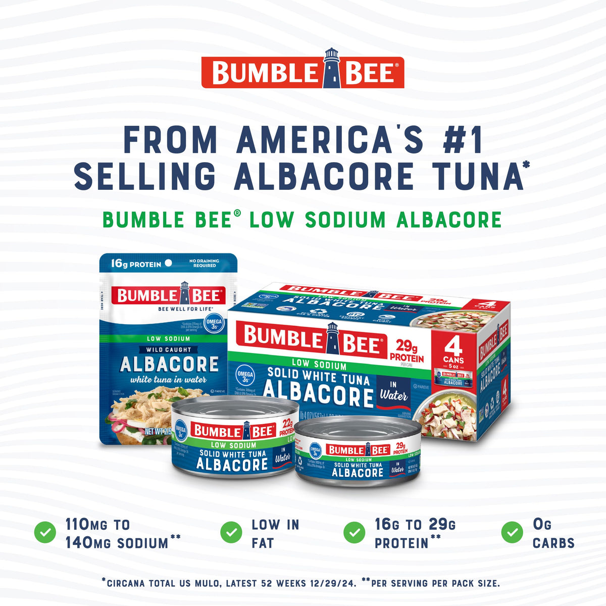 Bumble Bee albacore tuna water label closeup highlighting omega-3 and low-sodium benefits.