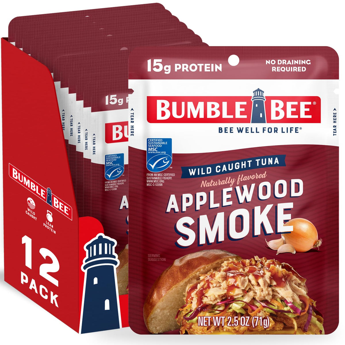 Bumble Bee applewood smoked tuna pouch 12-pack, ready to eat.