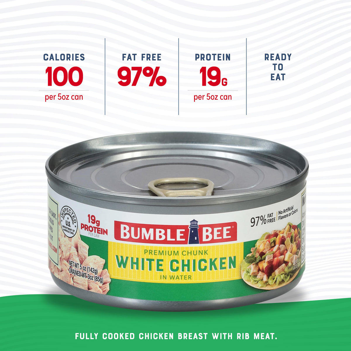 Bumble Bee chicken breast rib meat chunks in water close-up for versatile meals.