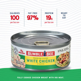 Bumble Bee chicken breast rib meat chunks in water close-up for versatile meals.