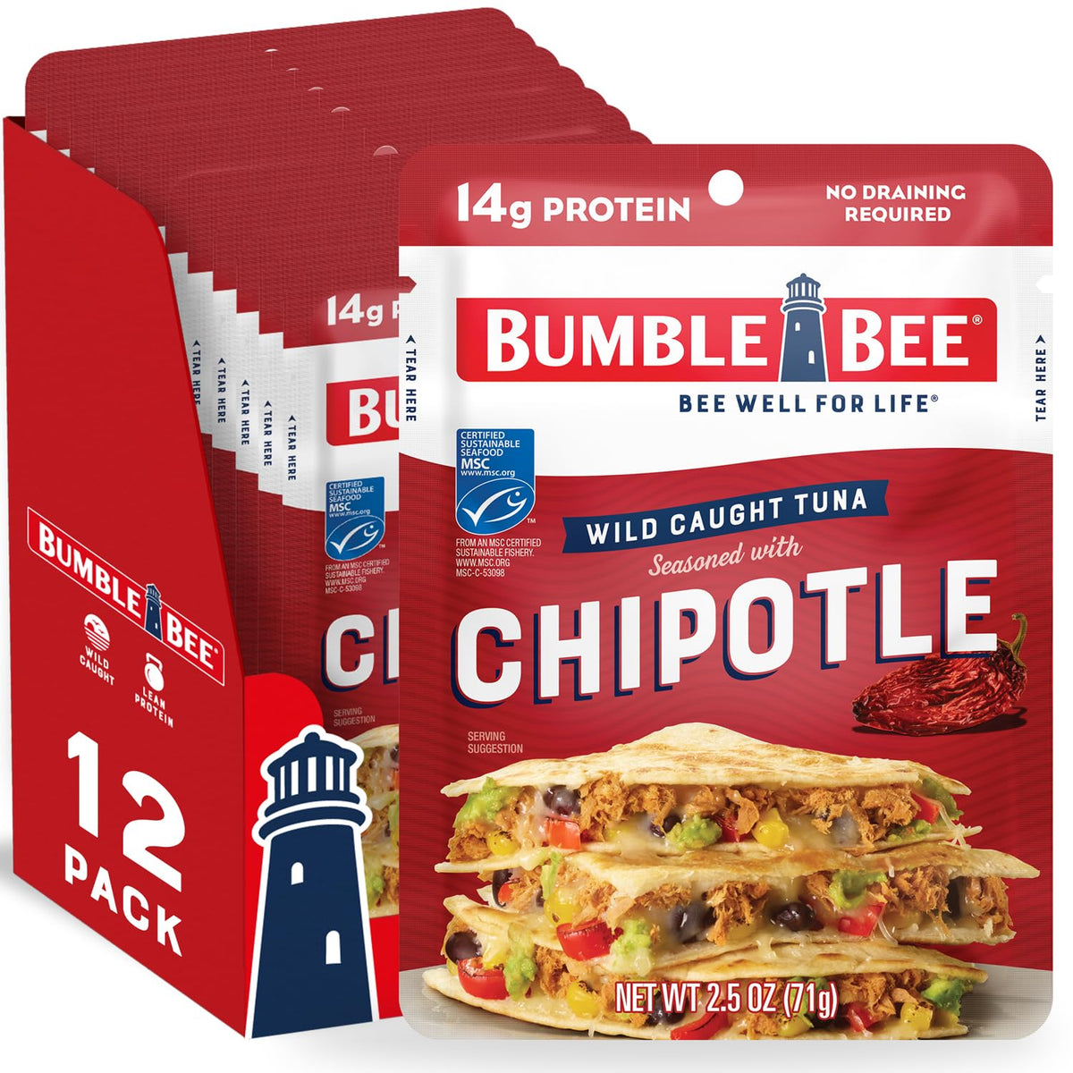 Bumble Bee chipotle-seasoned tuna pouch ready to eat for quick meals.