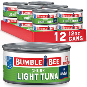 Bumble Bee Chunk Light Tuna in Water can on shelf, lean protein for quick meals.