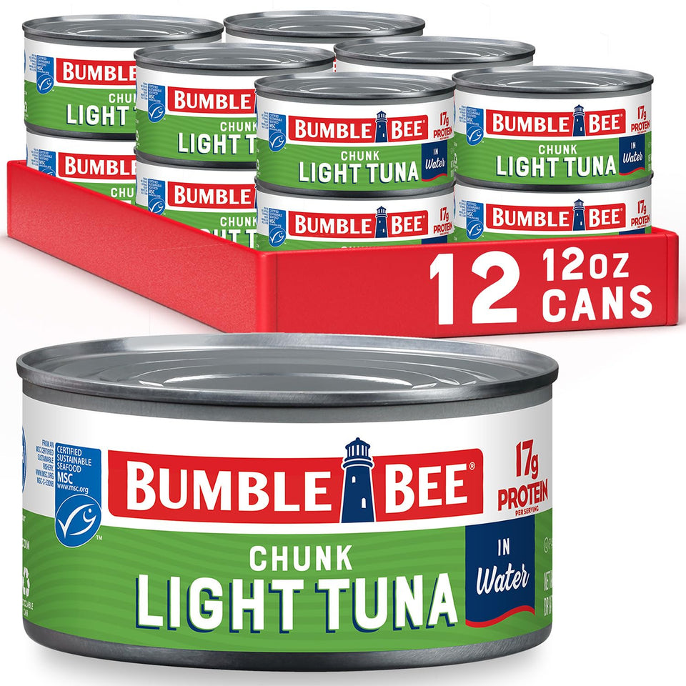 Bumble Bee Chunk Light Tuna in Water can on shelf, lean protein for quick meals.