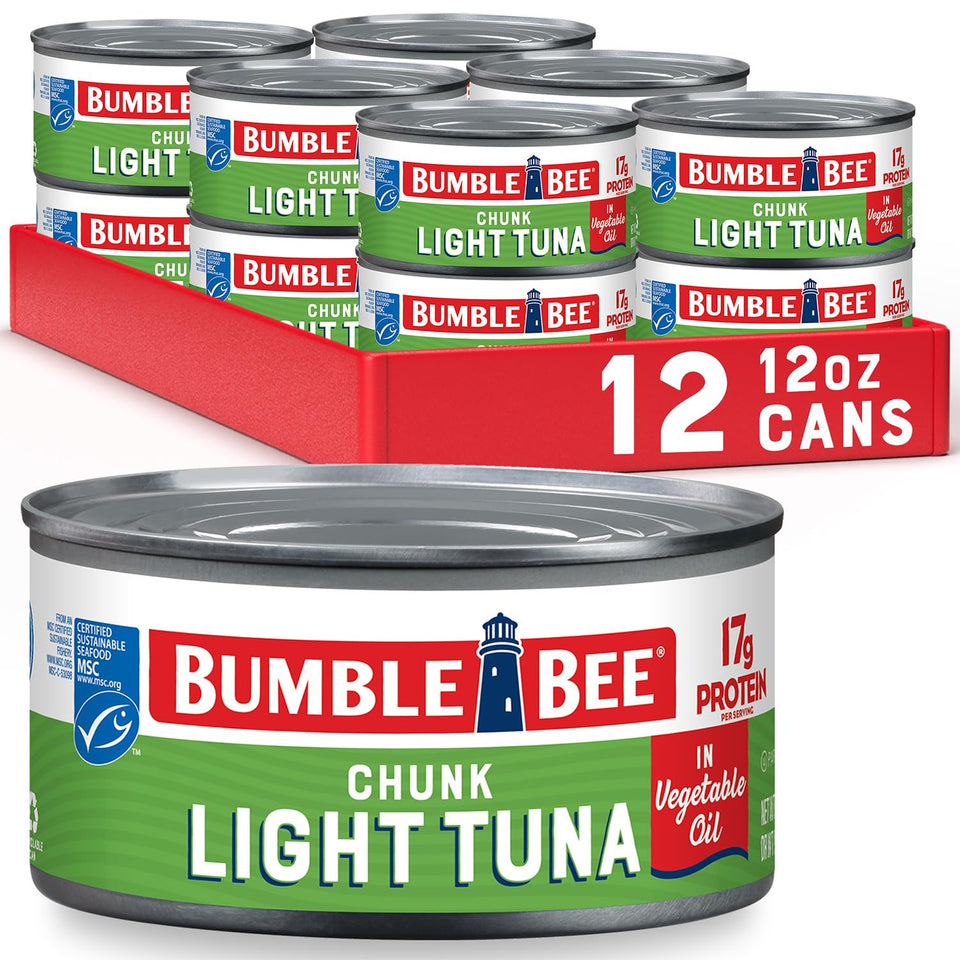 Bumble Bee chunk light tuna in oil can, protein-rich pantry staple ready to use