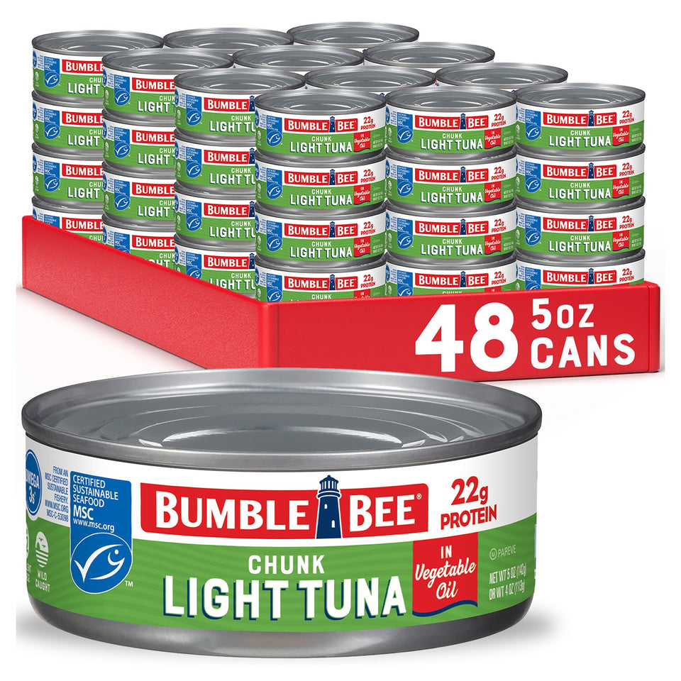Bumble Bee Chunk Light Tuna in Oil can close-up highlighting flaky texture for easy meals