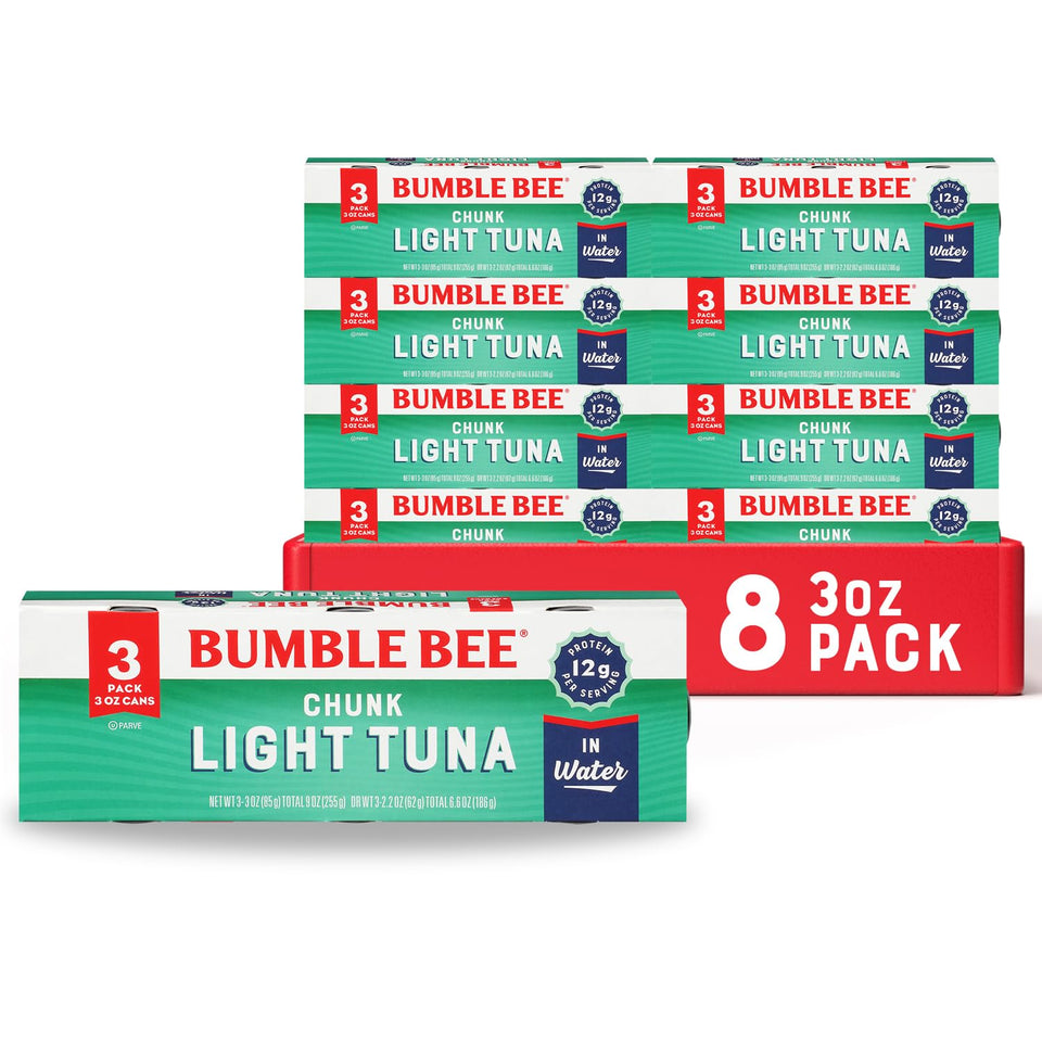 Bumble Bee Chunk Light Tuna in Water can close-up highlighting lean protein.