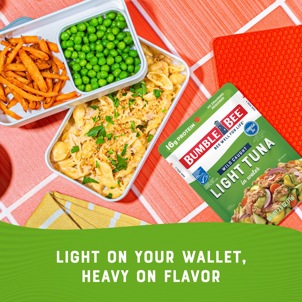 Bumble Bee Chunk Light Tuna in Water pouch pack-12 on shelf conveys convenience.