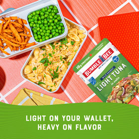 Bumble Bee Chunk Light Tuna in Water pouch pack-12 on shelf conveys convenience.