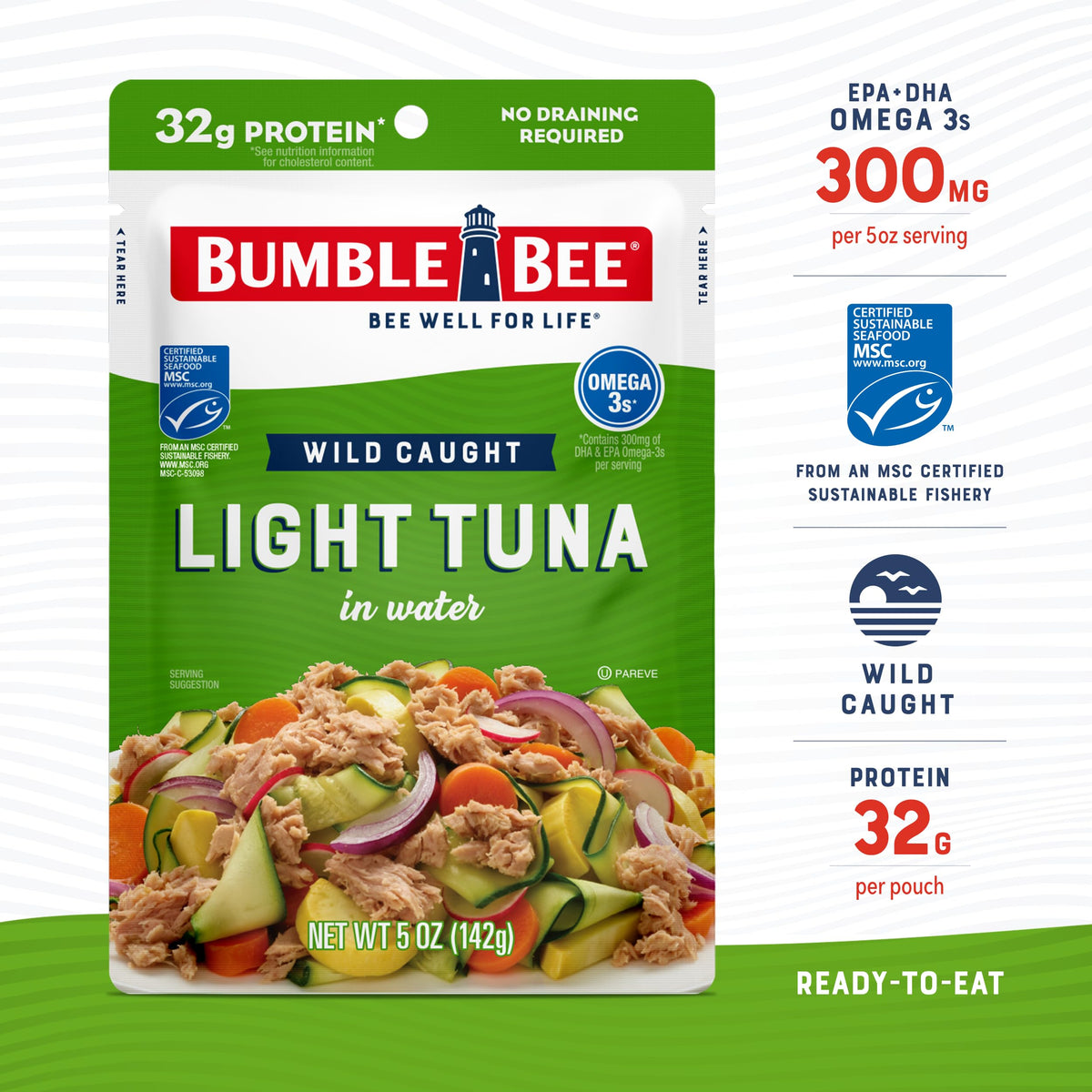 Bumble Bee tuna pouch nutrition label highlights 32g protein per serving.