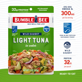 Bumble Bee tuna pouch nutrition label highlights 32g protein per serving.