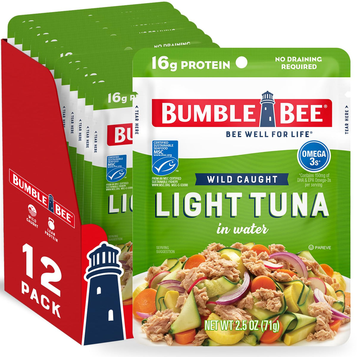 Bumble Bee Chunk Light Tuna in Water pouch on kitchen counter highlighting portable protein