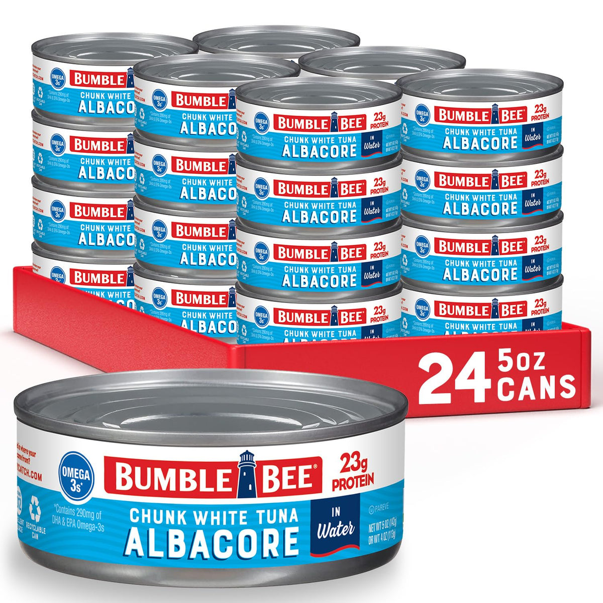 Bumble Bee chunk white albacore tuna in water can shown for easy salads and sandwiches