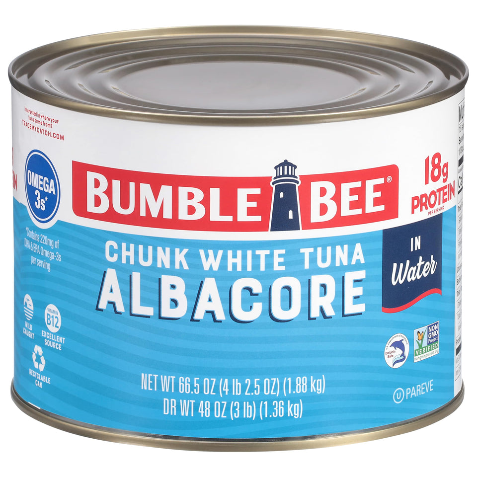 Bumble Bee chunk white albacore tuna in water can showing lean protein for meals