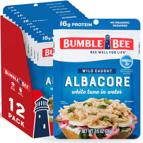 Bumble Bee chunk white albacore tuna in water pouch closeup, convenient high-protein snack