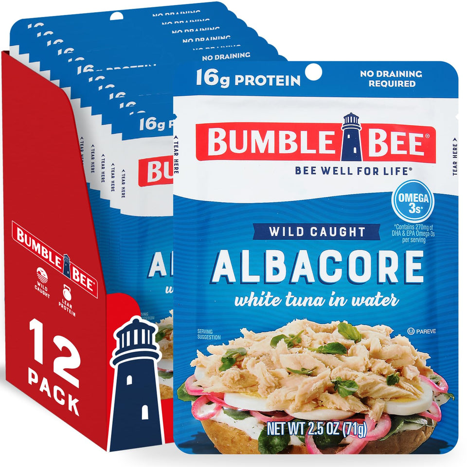 Bumble Bee chunk white albacore tuna in water pouch closeup, convenient high-protein snack