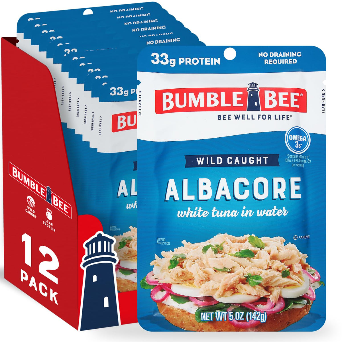 Bumble Bee chunk white albacore tuna in water pouch, ideal for on-the-go meals.