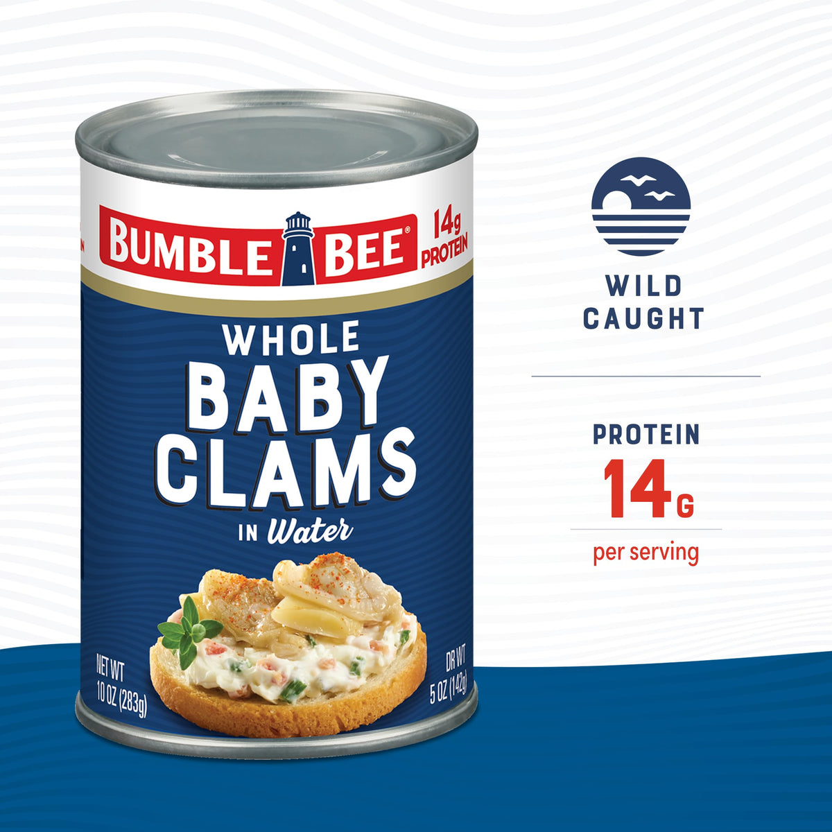 Bumble Bee Clams in can closeup label, ideal for easy pasta sauces.