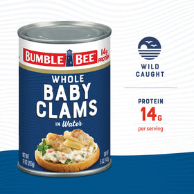 Bumble Bee Clams in can closeup label, ideal for easy pasta sauces.