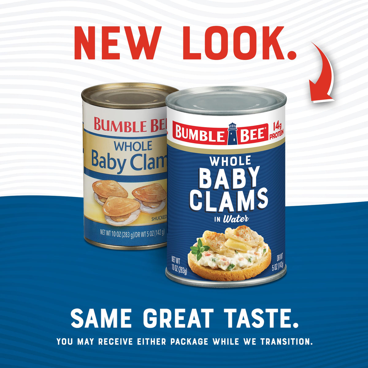 Bumble Bee Clams on grocery shelf, gluten-free option with protein.