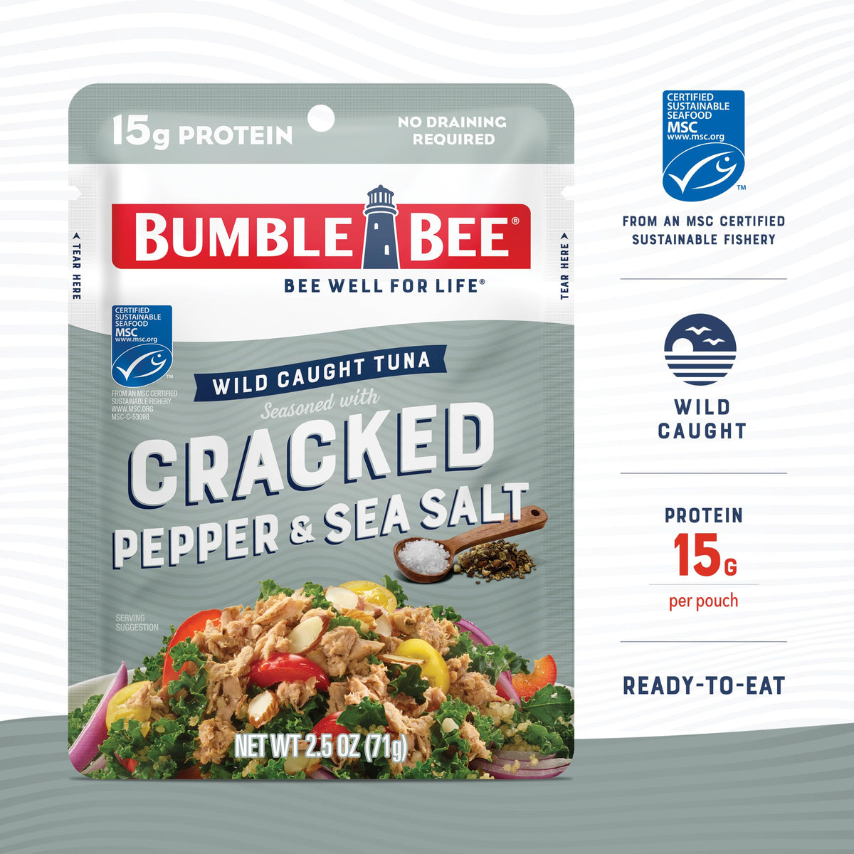 Bumble Bee cracked pepper sea salt tuna pouch open for immediate enjoyment