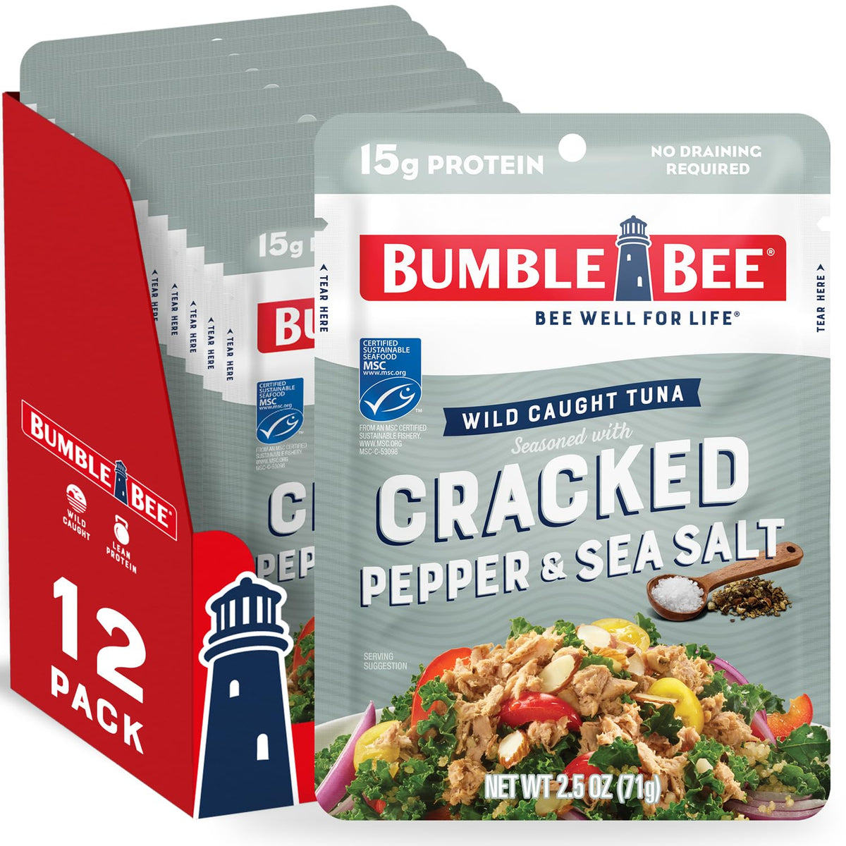 Bumble Bee cracked pepper sea salt tuna pouch packshot showing ready-to-eat protein