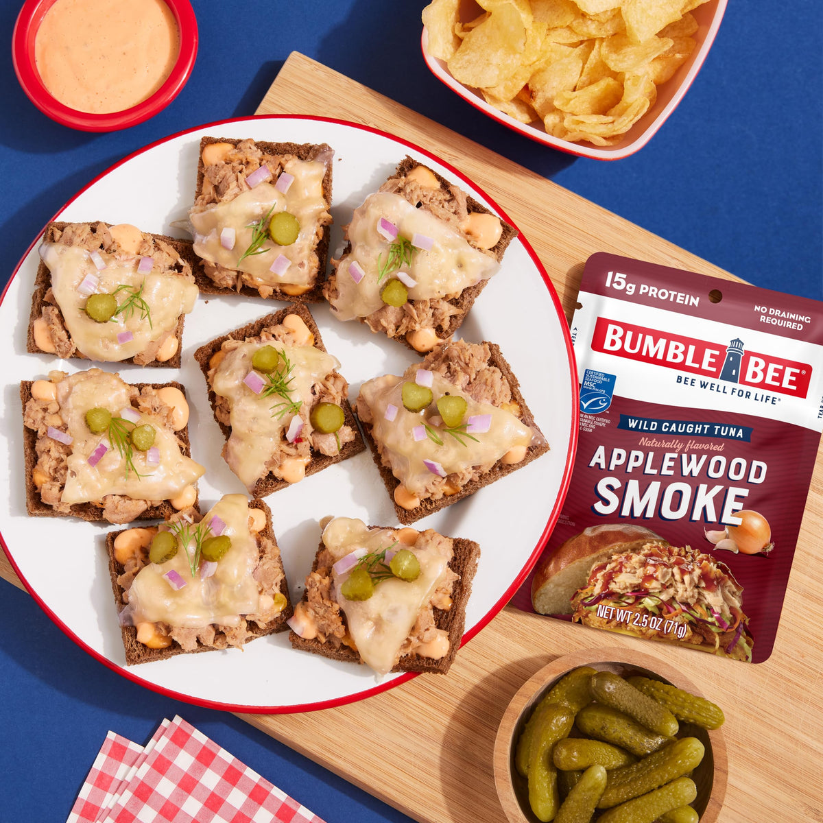 Bumble Bee tuna with dolphin-safe and MSC certification.