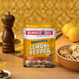 Bumble Bee dolphin-safe, MSC-certified tuna pouch for sustainable seafood lovers.