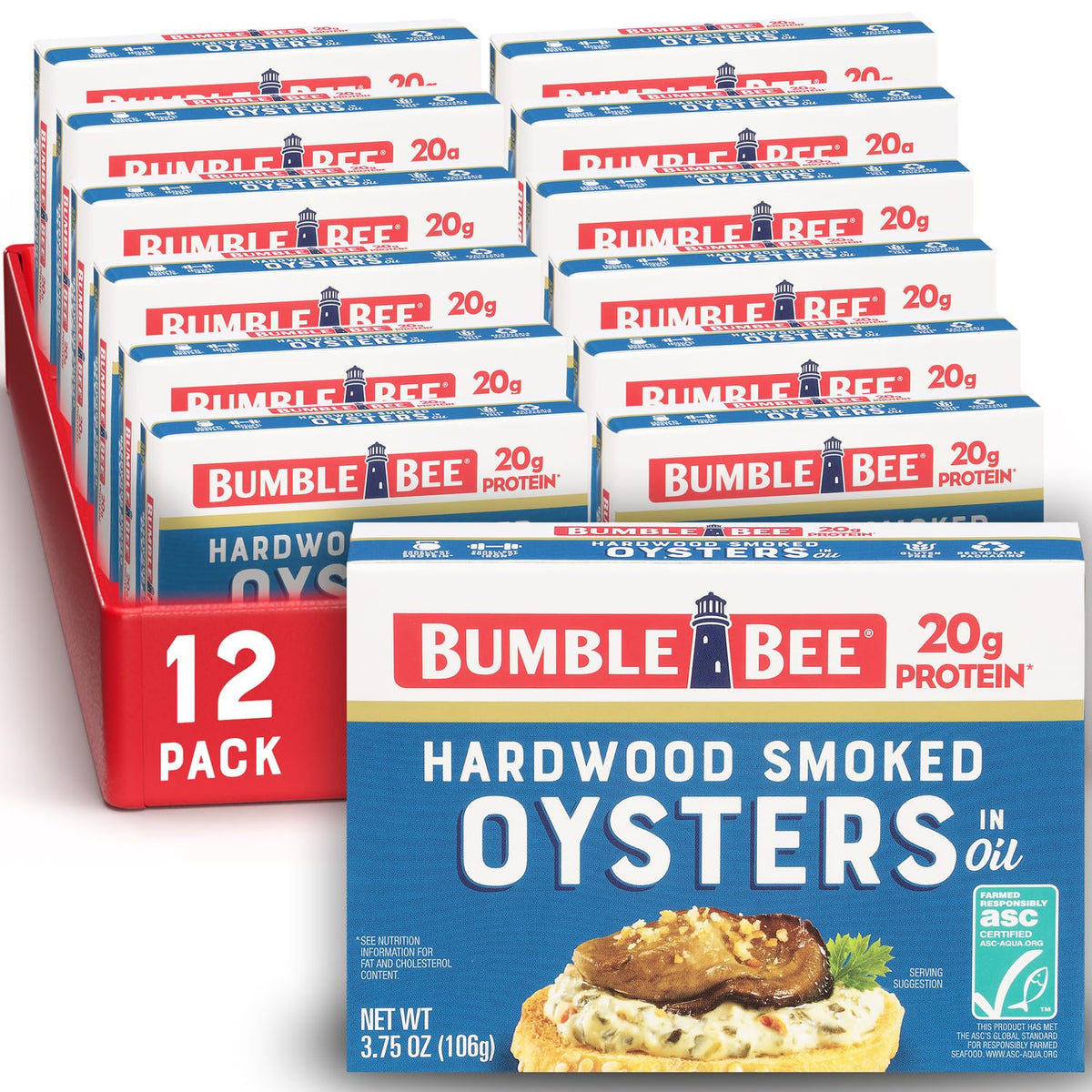 Bumble Bee Hardwood Smoked Oysters can front view, ready-to-eat protein snack.