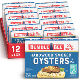 Bumble Bee Hardwood Smoked Oysters can front view, ready-to-eat protein snack.