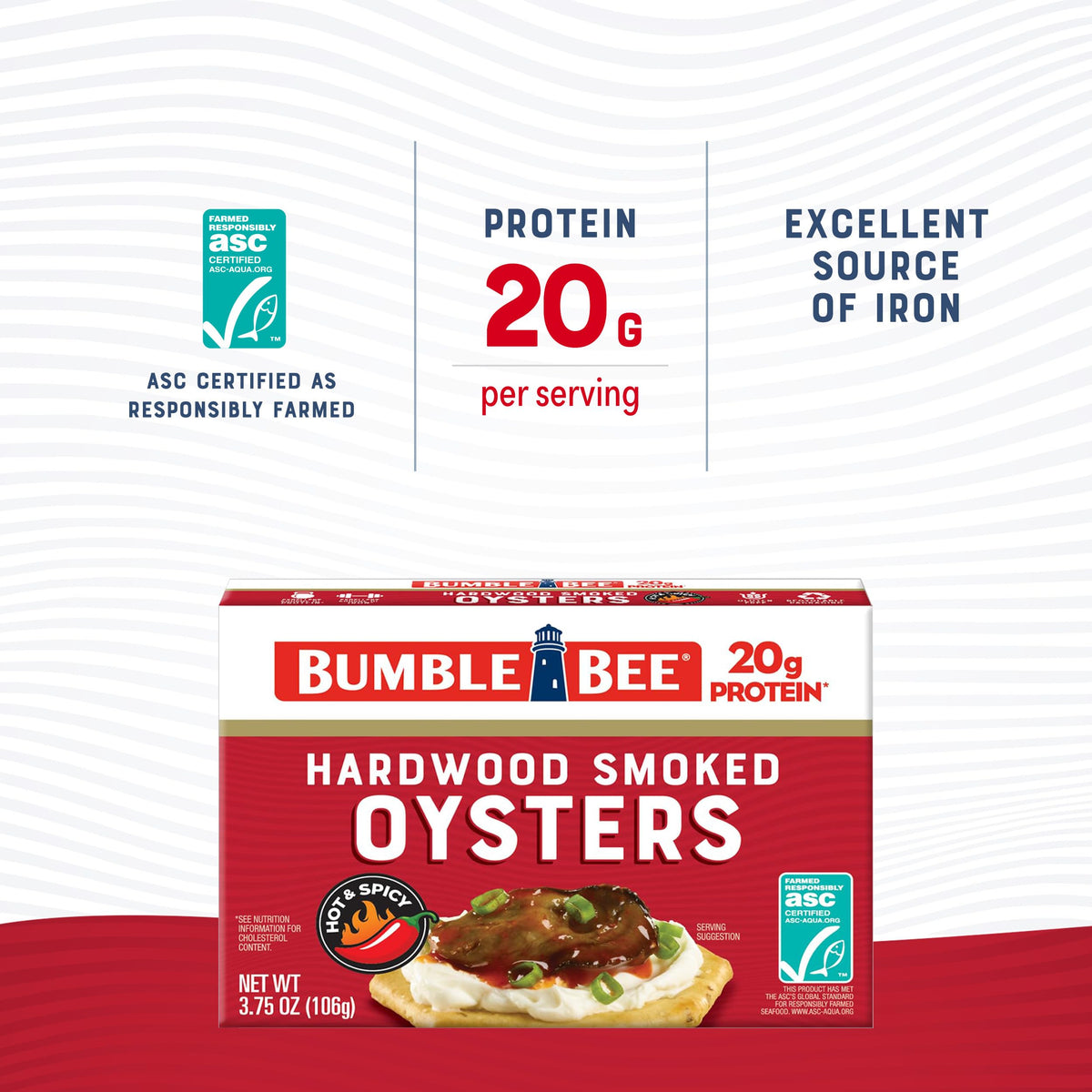 Bumble Bee hardwood smoked oysters in a tin, close up on rich sauce.