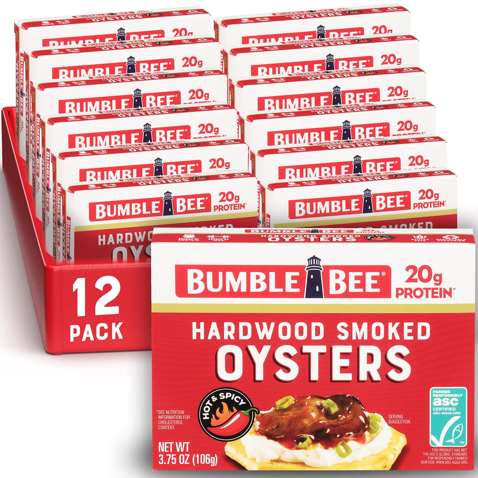 Bumble Bee hot and spicy smoked oysters in a tin, ready for appetizers.