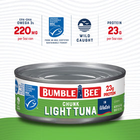 Bumble Bee tuna with 23 g protein per can on nutrition label.