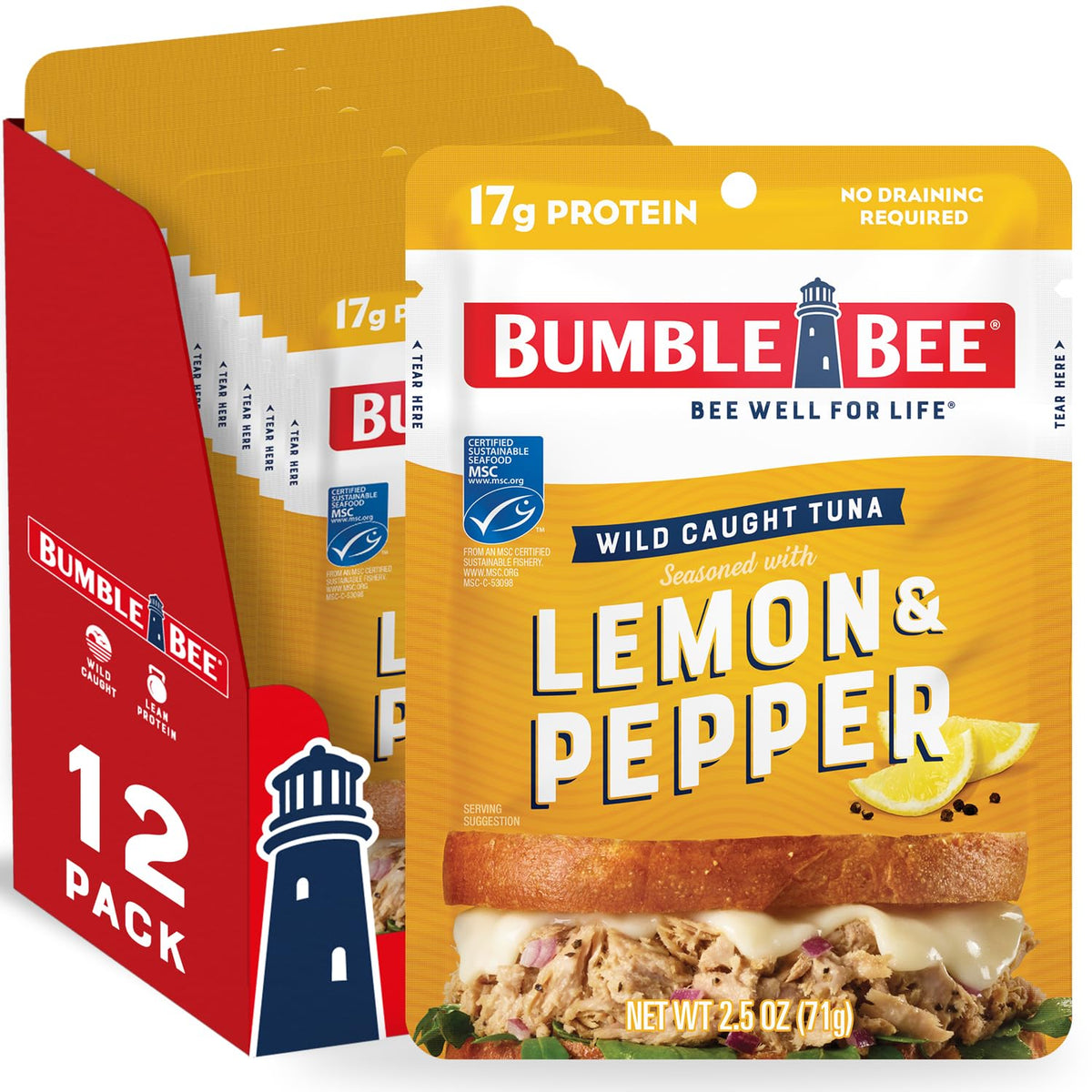 Bumble Bee Lemon & Pepper tuna pouch, ready-to-eat protein for lunch.