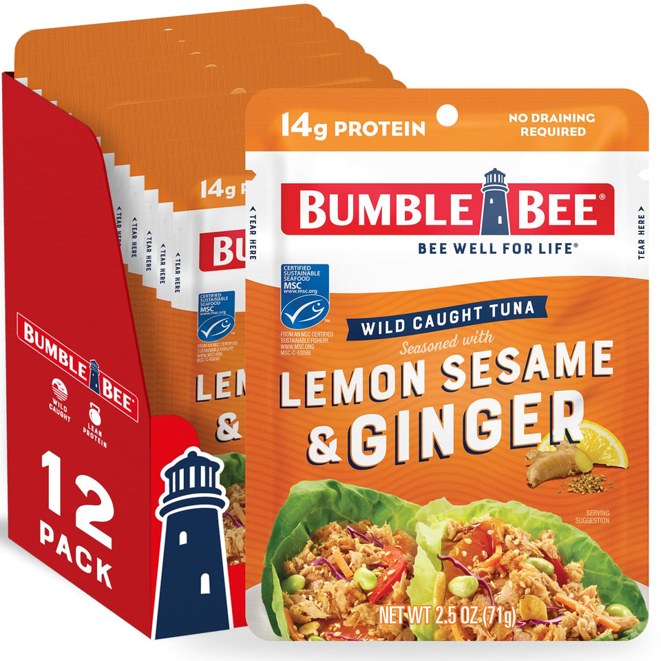 Bumble Bee Lemon Sesame Ginger Tuna Pouch shows bold flavors for a convenient snack.